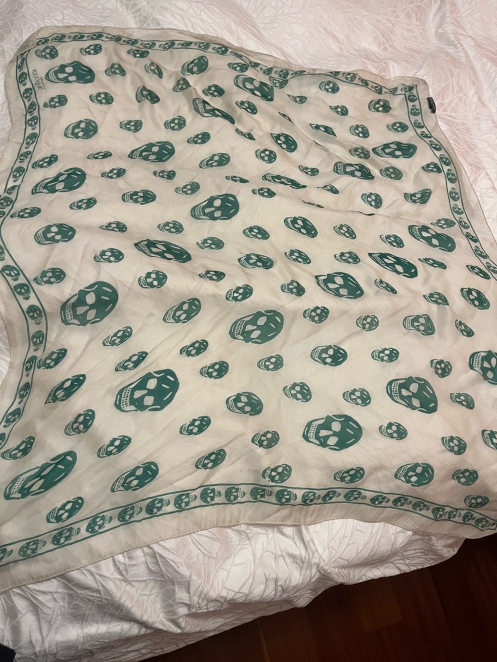 Alexander McQueen Teal and Cream Skull Print Scarf